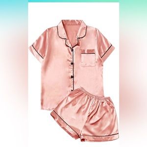 Women's Satin Short Sleeve Sleepwear Button Down Shirt and Shorts Pajama Set